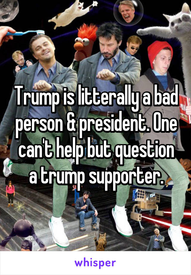 Trump is litterally a bad person & president. One can't help but question a trump supporter.