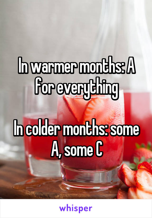 In warmer months: A for everything

In colder months: some A, some C
