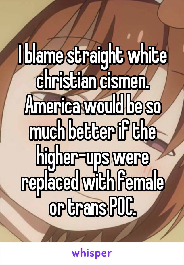 I blame straight white christian cismen. America would be so much better if the higher-ups were replaced with female or trans POC.