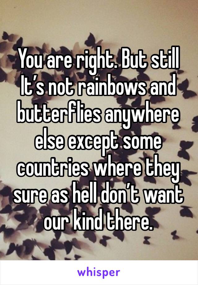 You are right. But still It’s not rainbows and butterflies anywhere else except some  countries where they sure as hell don’t want our kind there.