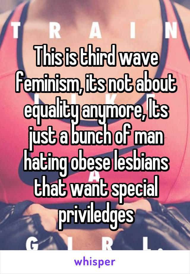 This is third wave feminism, its not about equality anymore, Its just a bunch of man hating obese lesbians that want special priviledges