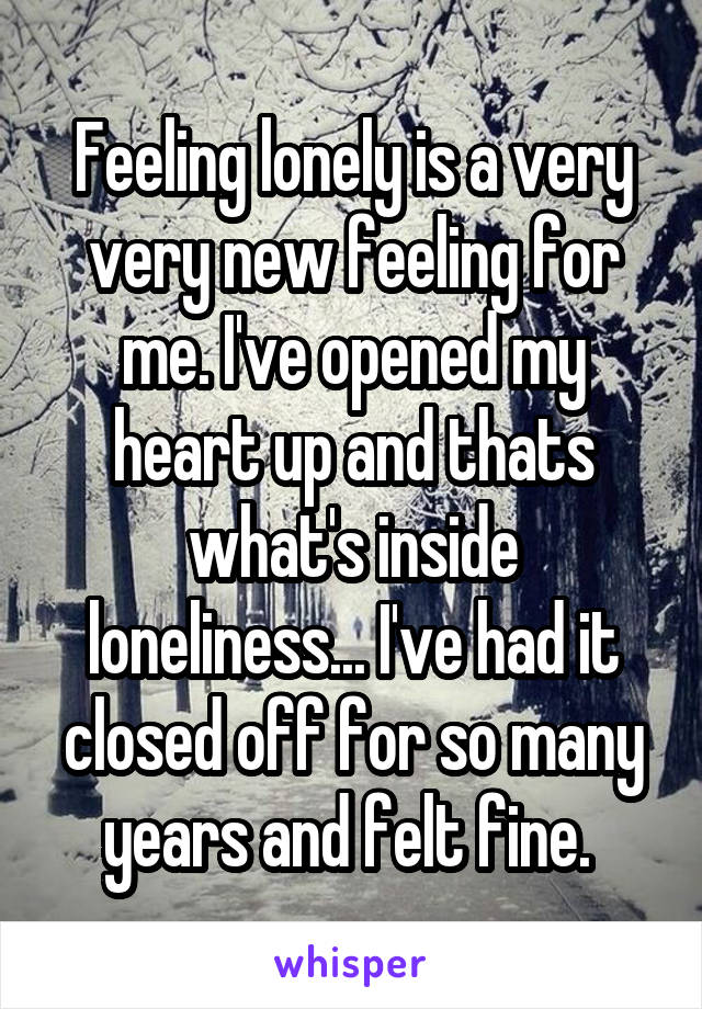 Feeling lonely is a very very new feeling for me. I've opened my heart up and thats what's inside loneliness... I've had it closed off for so many years and felt fine. 