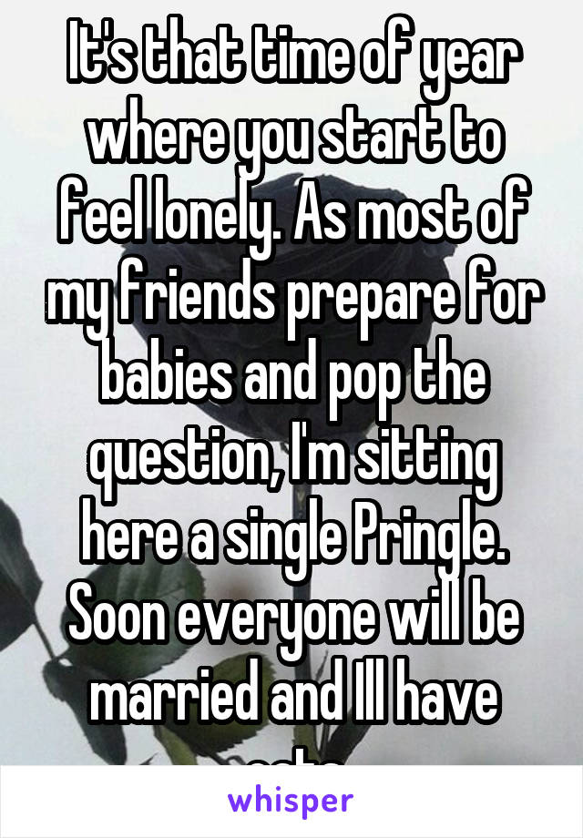 It's that time of year where you start to feel lonely. As most of my friends prepare for babies and pop the question, I'm sitting here a single Pringle. Soon everyone will be married and Ill have cats