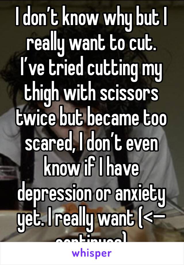 I don’t know why but I really want to cut.
I’ve tried cutting my thigh with scissors twice but became too scared, I don’t even know if I have depression or anxiety yet. I really want (<— continues)
