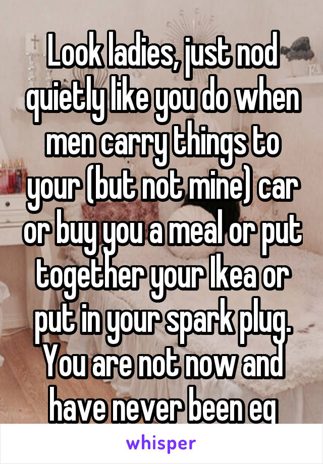Look ladies, just nod quietly like you do when men carry things to your (but not mine) car or buy you a meal or put together your Ikea or put in your spark plug.
You are not now and have never been eq