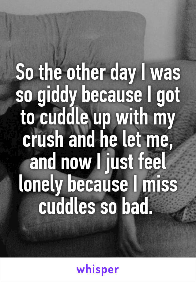 So the other day I was so giddy because I got to cuddle up with my crush and he let me, and now I just feel lonely because I miss cuddles so bad. 