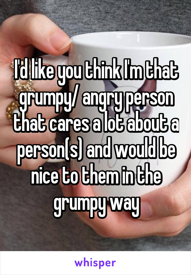 I'd like you think I'm that grumpy/ angry person that cares a lot about a person(s) and would be nice to them in the grumpy way