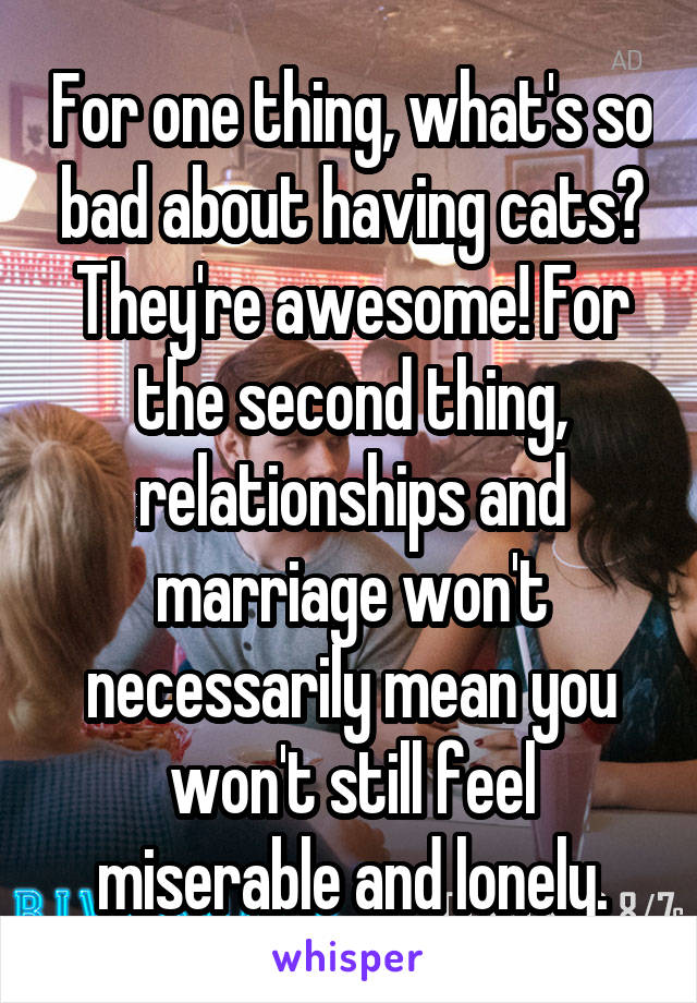 For one thing, what's so bad about having cats? They're awesome! For the second thing, relationships and marriage won't necessarily mean you won't still feel miserable and lonely.