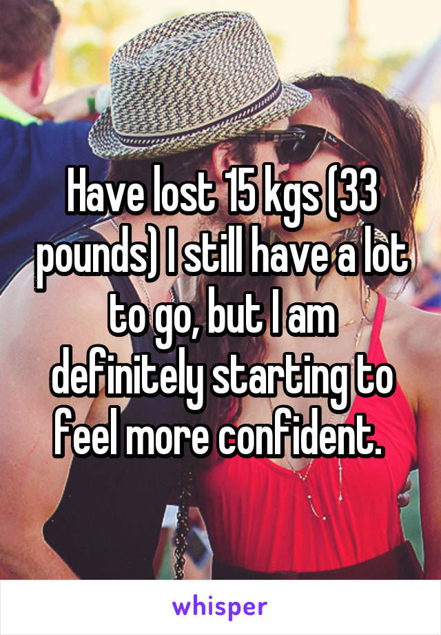 Have lost 15 kgs (33 pounds) I still have a lot to go, but I am definitely starting to feel more confident. 