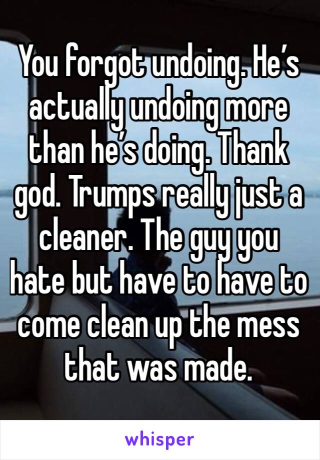 You forgot undoing. He’s actually undoing more than he’s doing. Thank god. Trumps really just a cleaner. The guy you hate but have to have to come clean up the mess that was made. 
