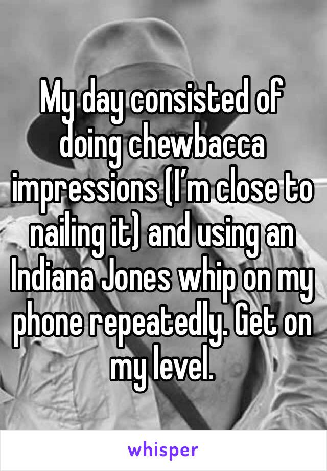 My day consisted of doing chewbacca impressions (I’m close to nailing it) and using an Indiana Jones whip on my phone repeatedly. Get on my level. 