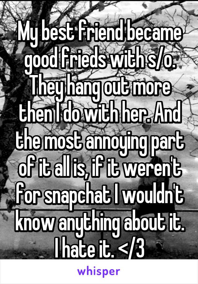 My best friend became good frieds with s/o. They hang out more then I do with her. And the most annoying part of it all is, if it weren't for snapchat I wouldn't know anything about it. I hate it. </3