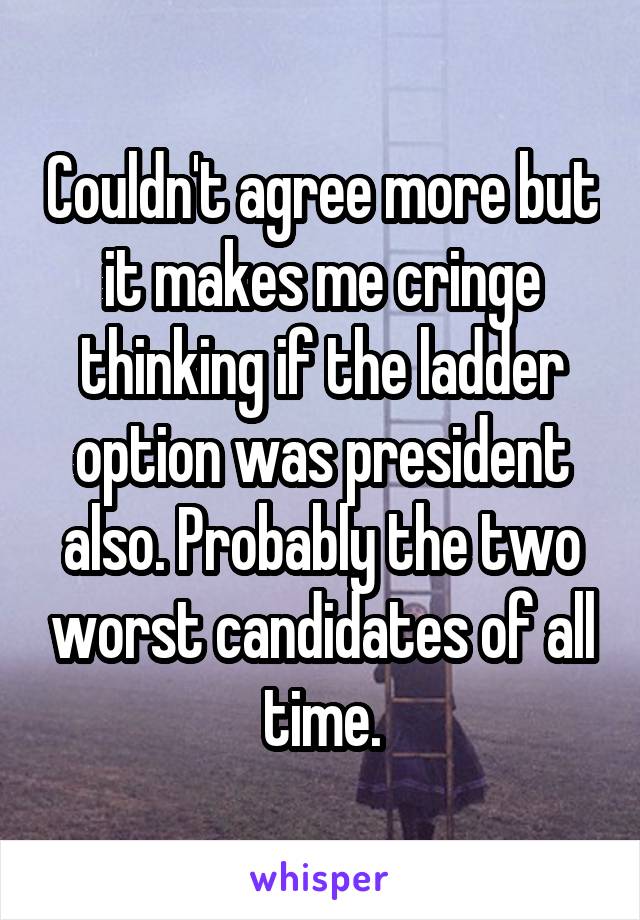 Couldn't agree more but it makes me cringe thinking if the ladder option was president also. Probably the two worst candidates of all time.