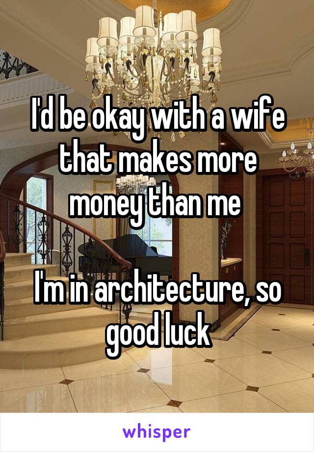 I'd be okay with a wife that makes more money than me 

I'm in architecture, so good luck