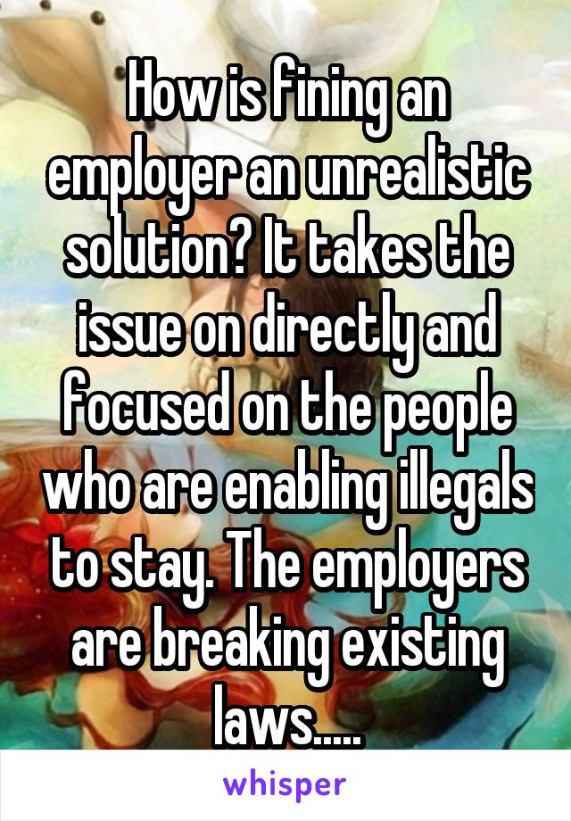 How is fining an employer an unrealistic solution? It takes the issue on directly and focused on the people who are enabling illegals to stay. The employers are breaking existing laws.....