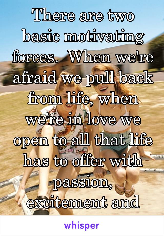 There are two basic motivating forces.  When we're afraid we pull back from life, when we're in love we open to all that life has to offer with passion, excitement and acceptance.