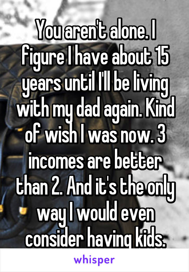 You aren't alone. I figure I have about 15 years until I'll be living with my dad again. Kind of wish I was now. 3 incomes are better than 2. And it's the only way I would even consider having kids.
