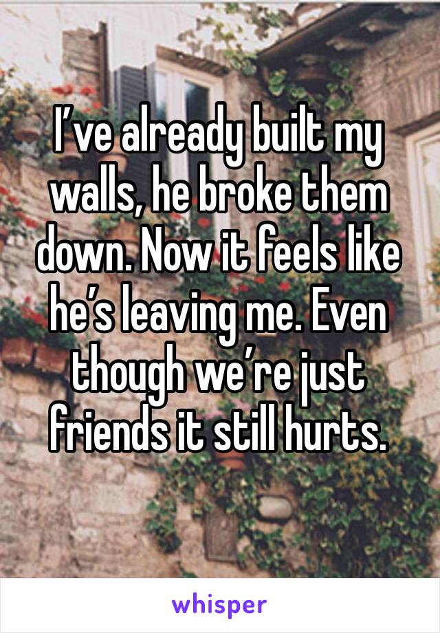 I’ve already built my walls, he broke them down. Now it feels like he’s leaving me. Even though we’re just friends it still hurts. 
