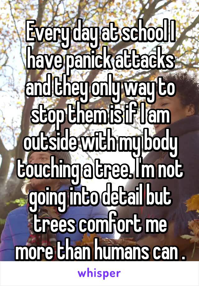 Every day at school I have panick attacks and they only way to stop them is if I am outside with my body touching a tree. I'm not going into detail but trees comfort me more than humans can .