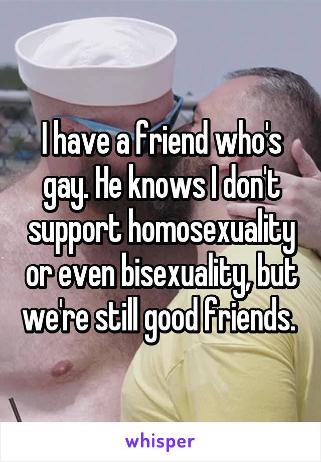 I have a friend who's gay. He knows I don't support homosexuality or even bisexuality, but we're still good friends. 