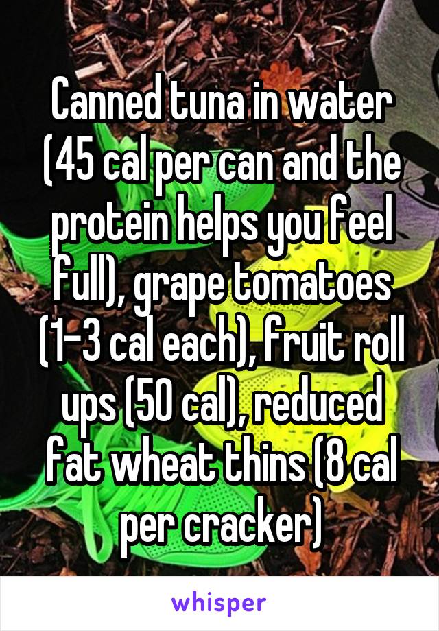 Canned tuna in water (45 cal per can and the protein helps you feel full), grape tomatoes (1-3 cal each), fruit roll ups (50 cal), reduced fat wheat thins (8 cal per cracker)