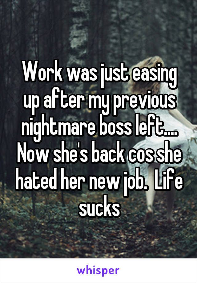 Work was just easing up after my previous nightmare boss left.... Now she's back cos she hated her new job.  Life sucks