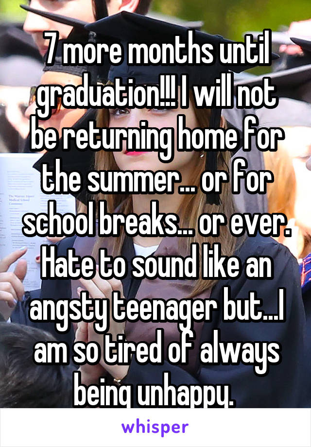 7 more months until graduation!!! I will not be returning home for the summer... or for school breaks... or ever. Hate to sound like an angsty teenager but...I am so tired of always being unhappy. 