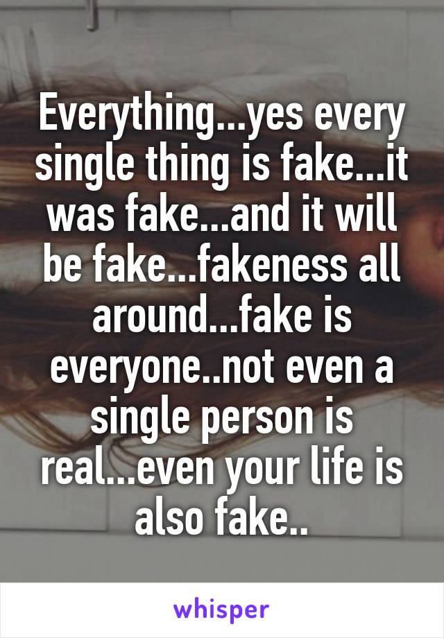Everything...yes every single thing is fake...it was fake...and it will be fake...fakeness all around...fake is everyone..not even a single person is real...even your life is also fake..