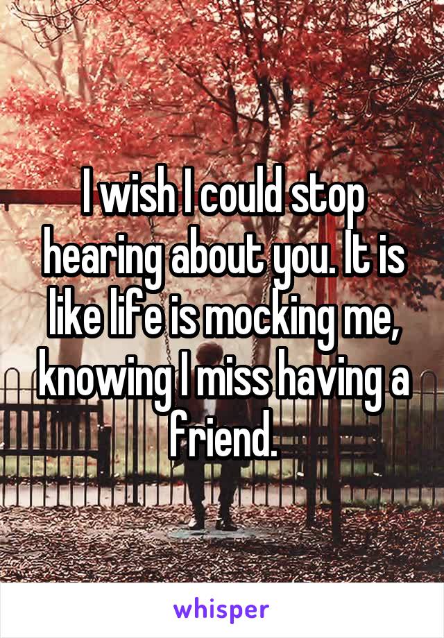 I wish I could stop hearing about you. It is like life is mocking me, knowing I miss having a friend.