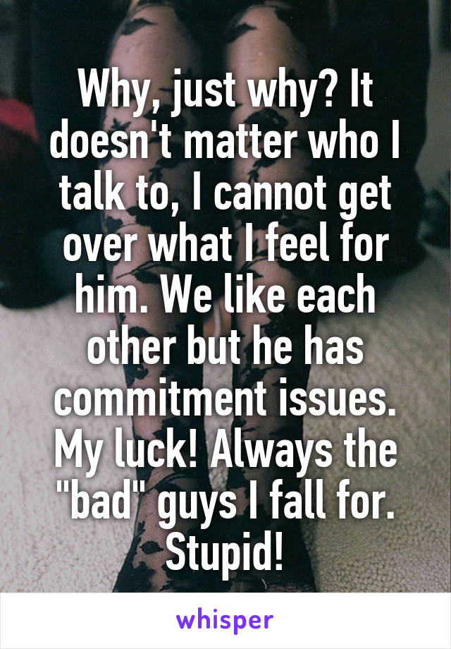 Why, just why? It doesn't matter who I talk to, I cannot get over what I feel for him. We like each other but he has commitment issues. My luck! Always the "bad" guys I fall for. Stupid!