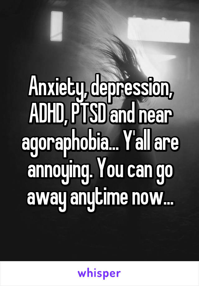 Anxiety, depression, ADHD, PTSD and near agoraphobia... Y'all are annoying. You can go away anytime now...