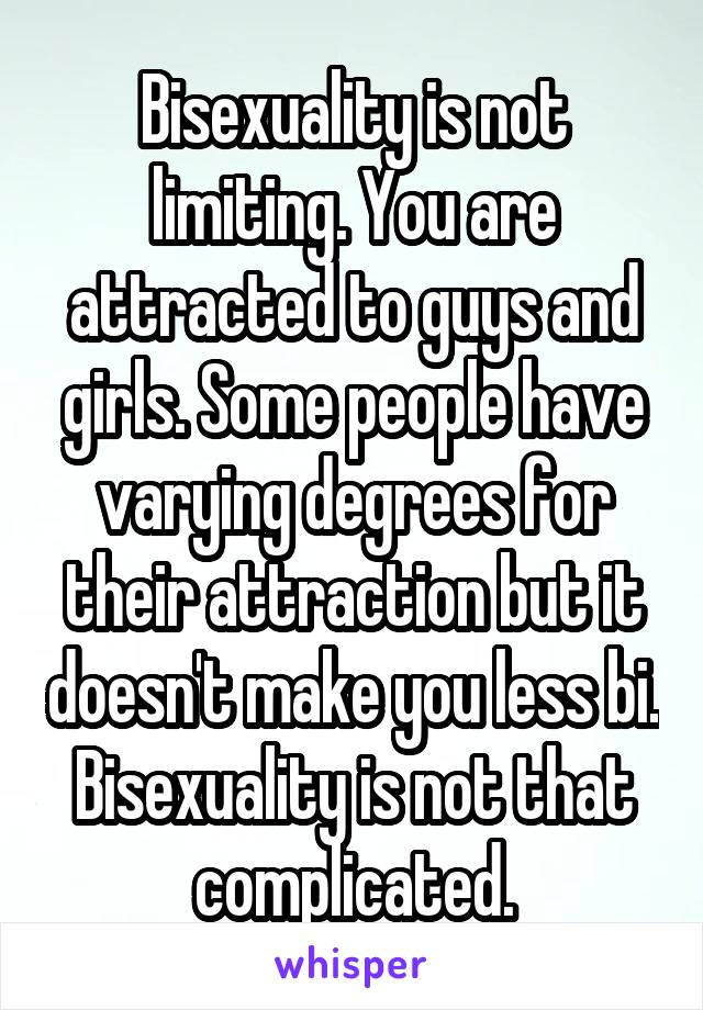 Bisexuality is not limiting. You are attracted to guys and girls. Some people have varying degrees for their attraction but it doesn't make you less bi. Bisexuality is not that complicated.