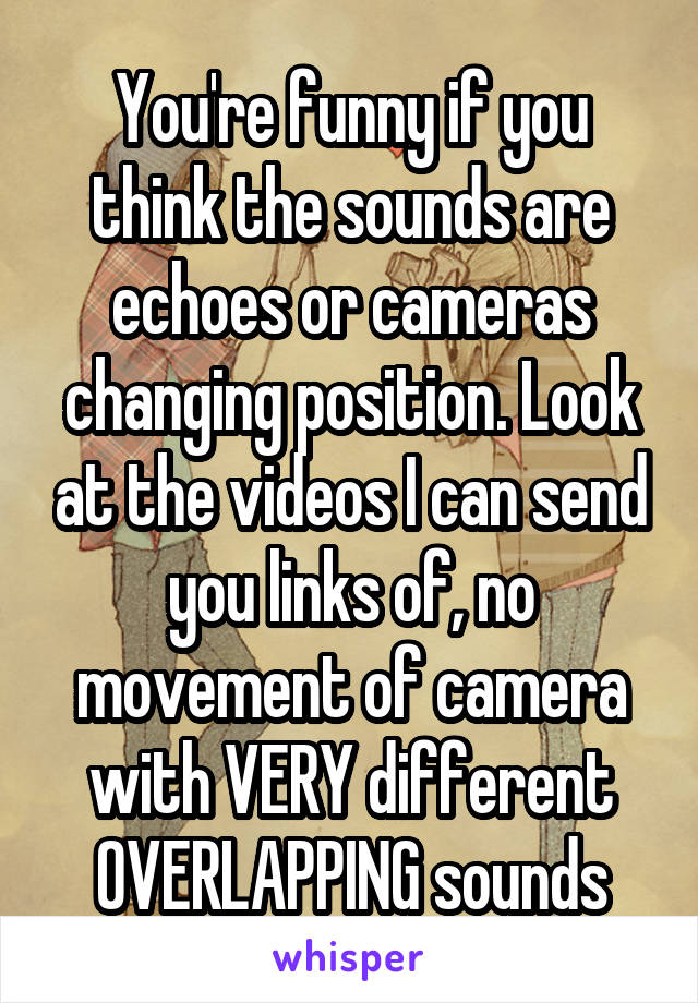 You're funny if you think the sounds are echoes or cameras changing position. Look at the videos I can send you links of, no movement of camera with VERY different OVERLAPPING sounds