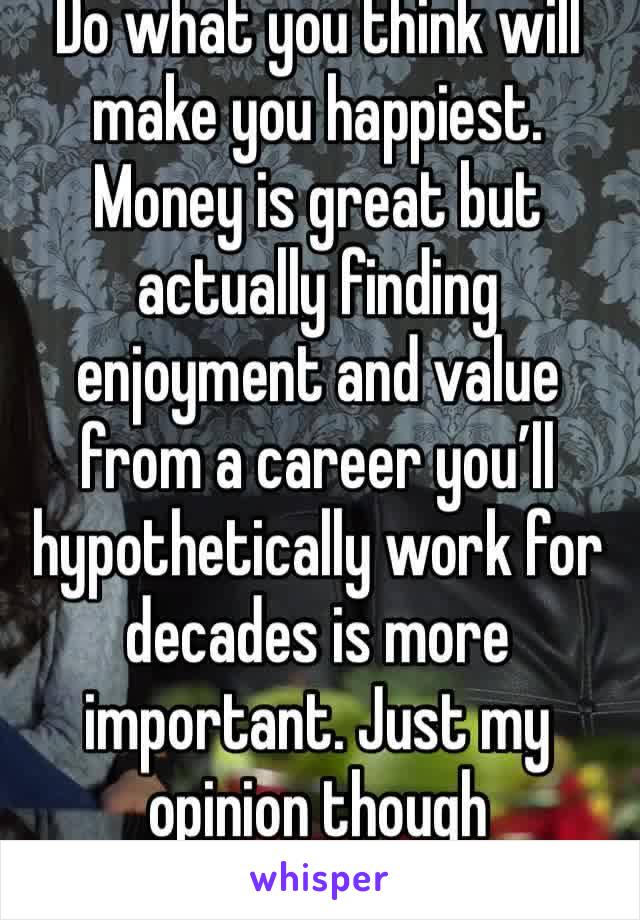 Do what you think will make you happiest. Money is great but actually finding enjoyment and value from a career you’ll hypothetically work for decades is more important. Just my opinion though