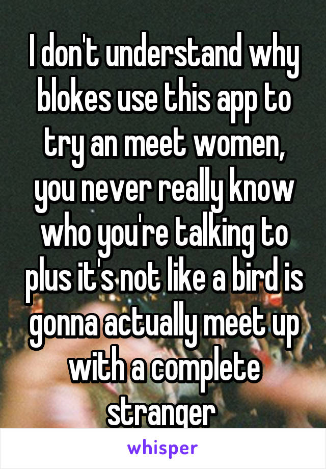 I don't understand why blokes use this app to try an meet women, you never really know who you're talking to plus it's not like a bird is gonna actually meet up with a complete stranger 