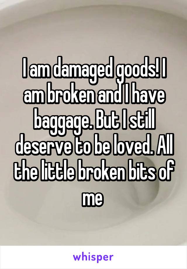 I am damaged goods! I am broken and I have baggage. But I still deserve to be loved. All the little broken bits of me 