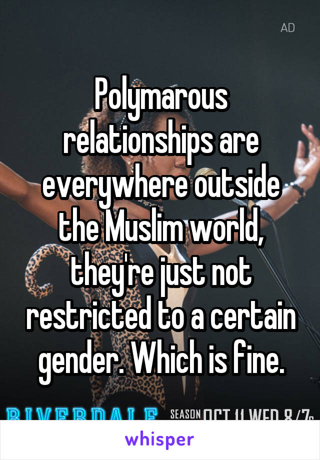 Polymarous relationships are everywhere outside the Muslim world, they're just not restricted to a certain gender. Which is fine.