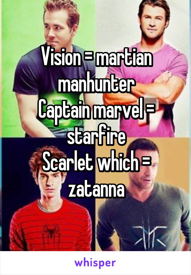 Vision = martian manhunter
Captain marvel = starfire
Scarlet which = zatanna
