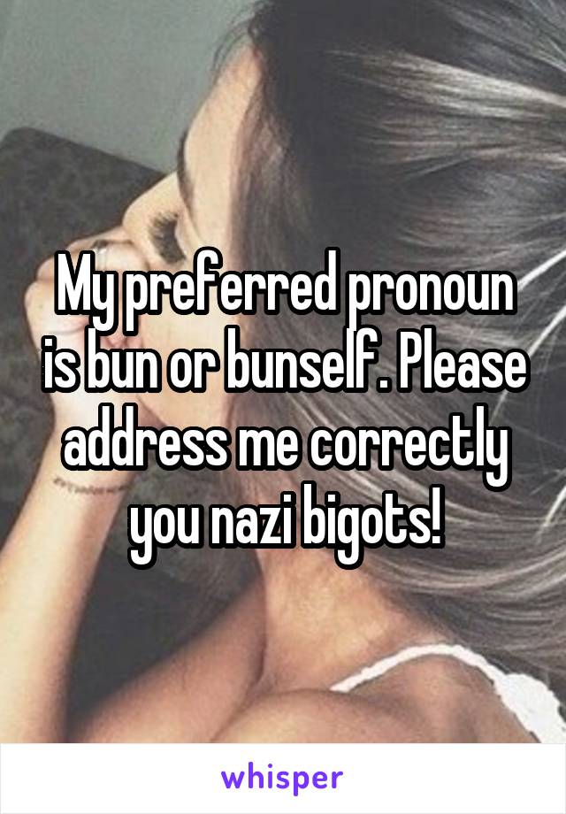 My preferred pronoun is bun or bunself. Please address me correctly you nazi bigots!