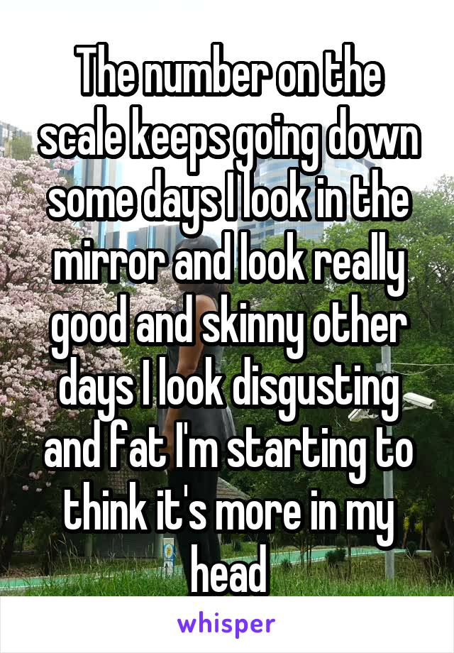 The number on the scale keeps going down some days I look in the mirror and look really good and skinny other days I look disgusting and fat I'm starting to think it's more in my head