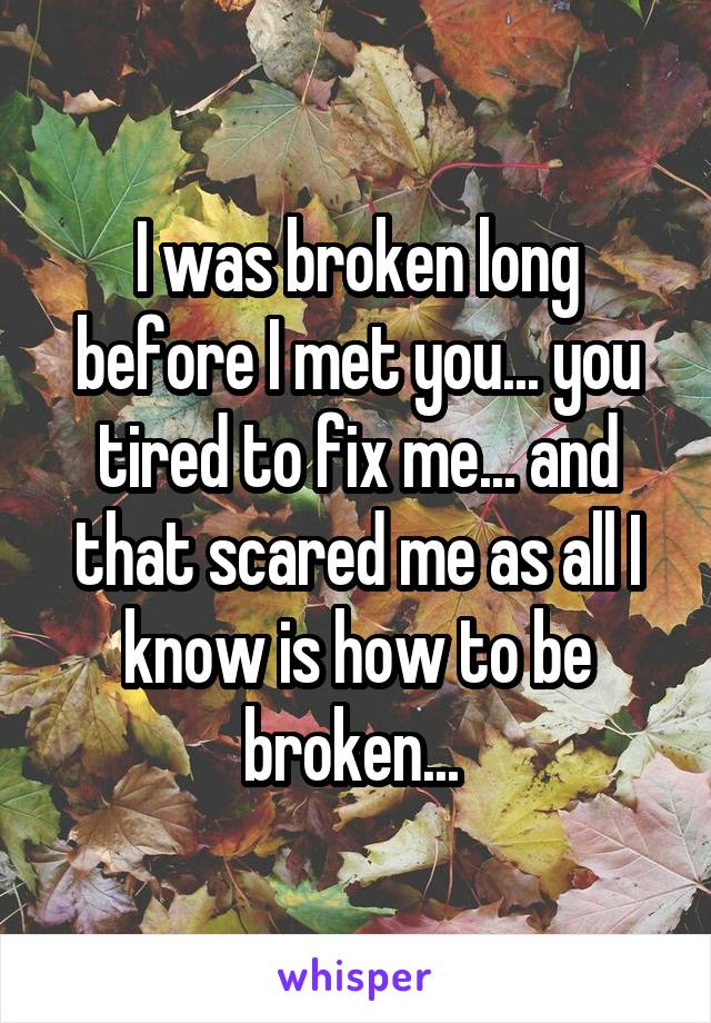 I was broken long before I met you... you tired to fix me... and that scared me as all I know is how to be broken... 