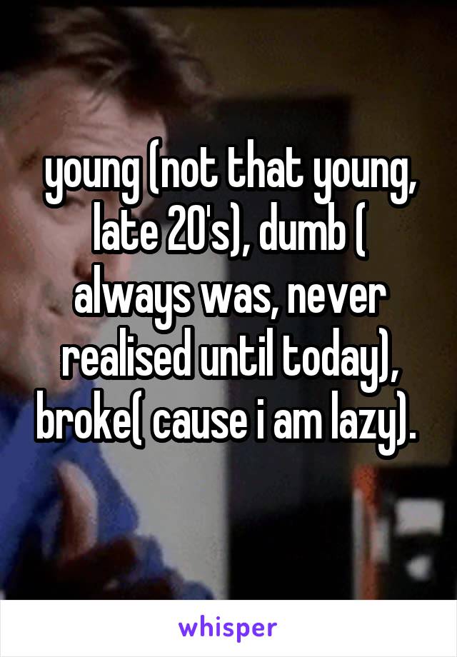 young (not that young, late 20's), dumb ( always was, never realised until today), broke( cause i am lazy). 
