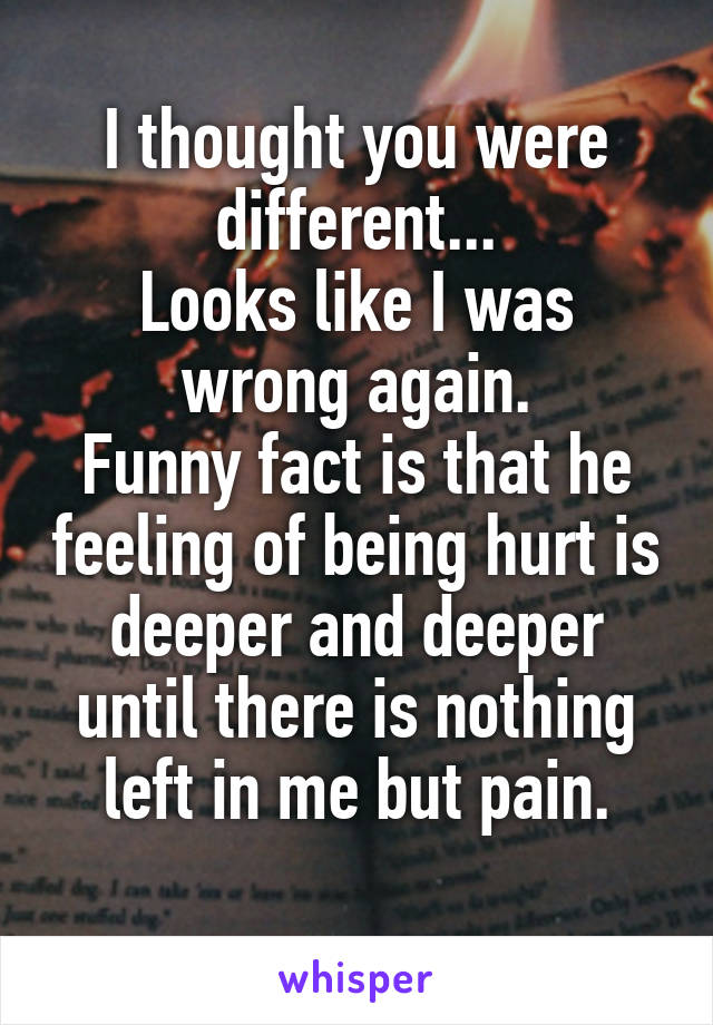 I thought you were different...
Looks like I was wrong again.
Funny fact is that he feeling of being hurt is deeper and deeper until there is nothing left in me but pain.
