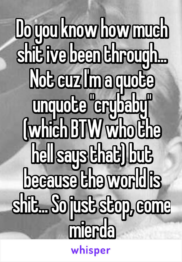 Do you know how much shit ive been through... Not cuz I'm a quote unquote "crybaby" (which BTW who the hell says that) but because the world is shit... So just stop, come mierda