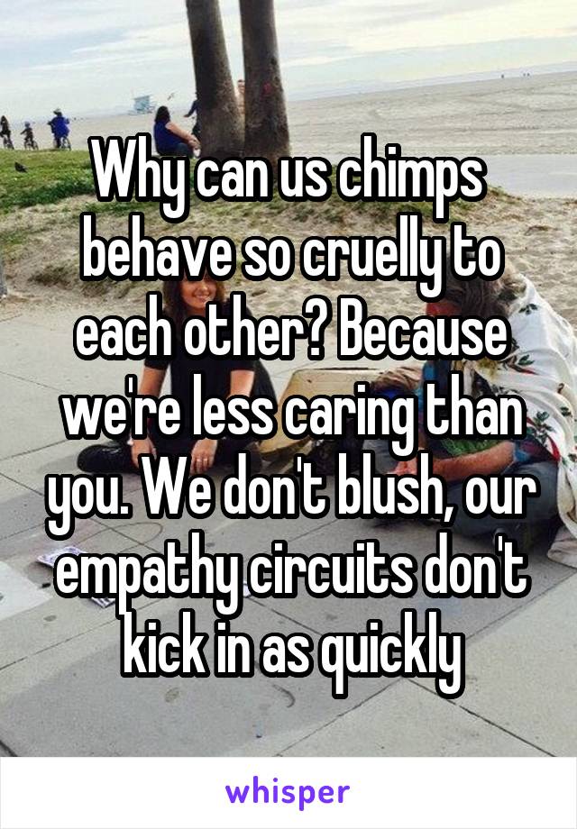 Why can us chimps  behave so cruelly to each other? Because we're less caring than you. We don't blush, our empathy circuits don't kick in as quickly
