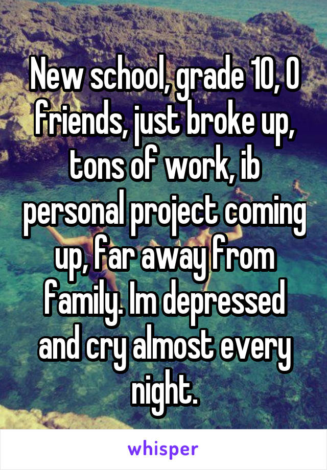 New school, grade 10, 0 friends, just broke up, tons of work, ib personal project coming up, far away from family. Im depressed and cry almost every night.