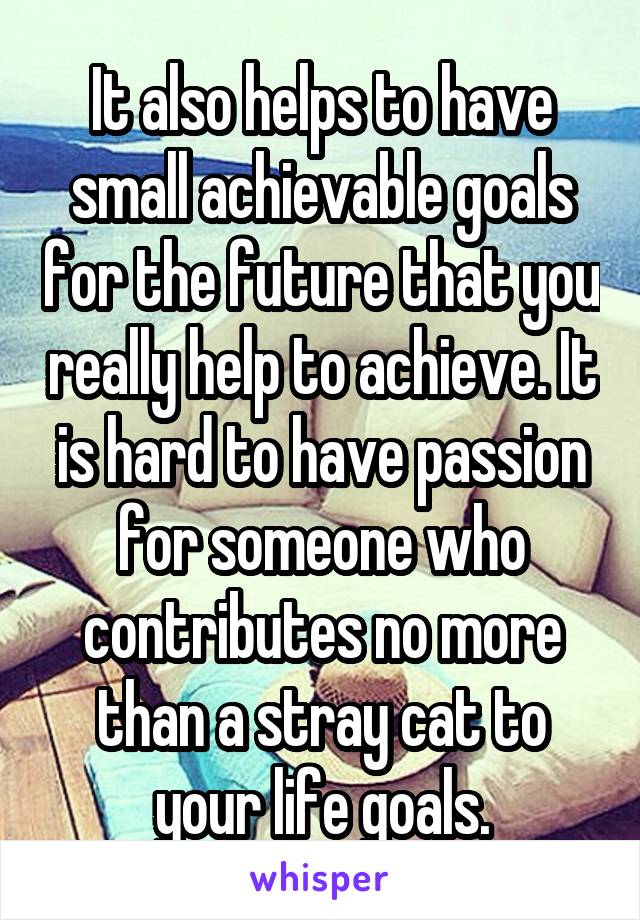 It also helps to have small achievable goals for the future that you really help to achieve. It is hard to have passion for someone who contributes no more than a stray cat to your life goals.
