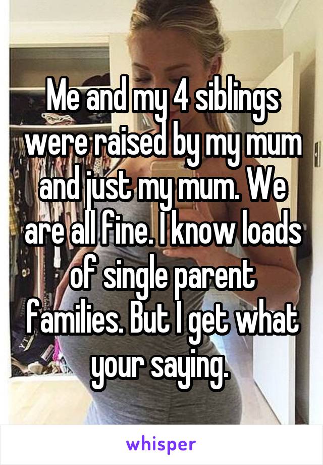 Me and my 4 siblings were raised by my mum and just my mum. We are all fine. I know loads of single parent families. But I get what your saying. 