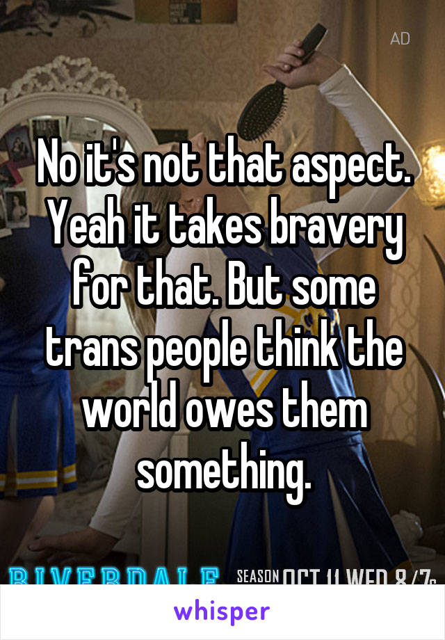 No it's not that aspect. Yeah it takes bravery for that. But some trans people think the world owes them something.