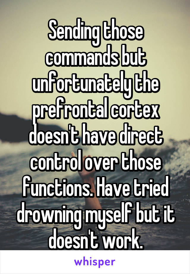 Sending those commands but unfortunately the prefrontal cortex doesn't have direct control over those functions. Have tried drowning myself but it doesn't work.